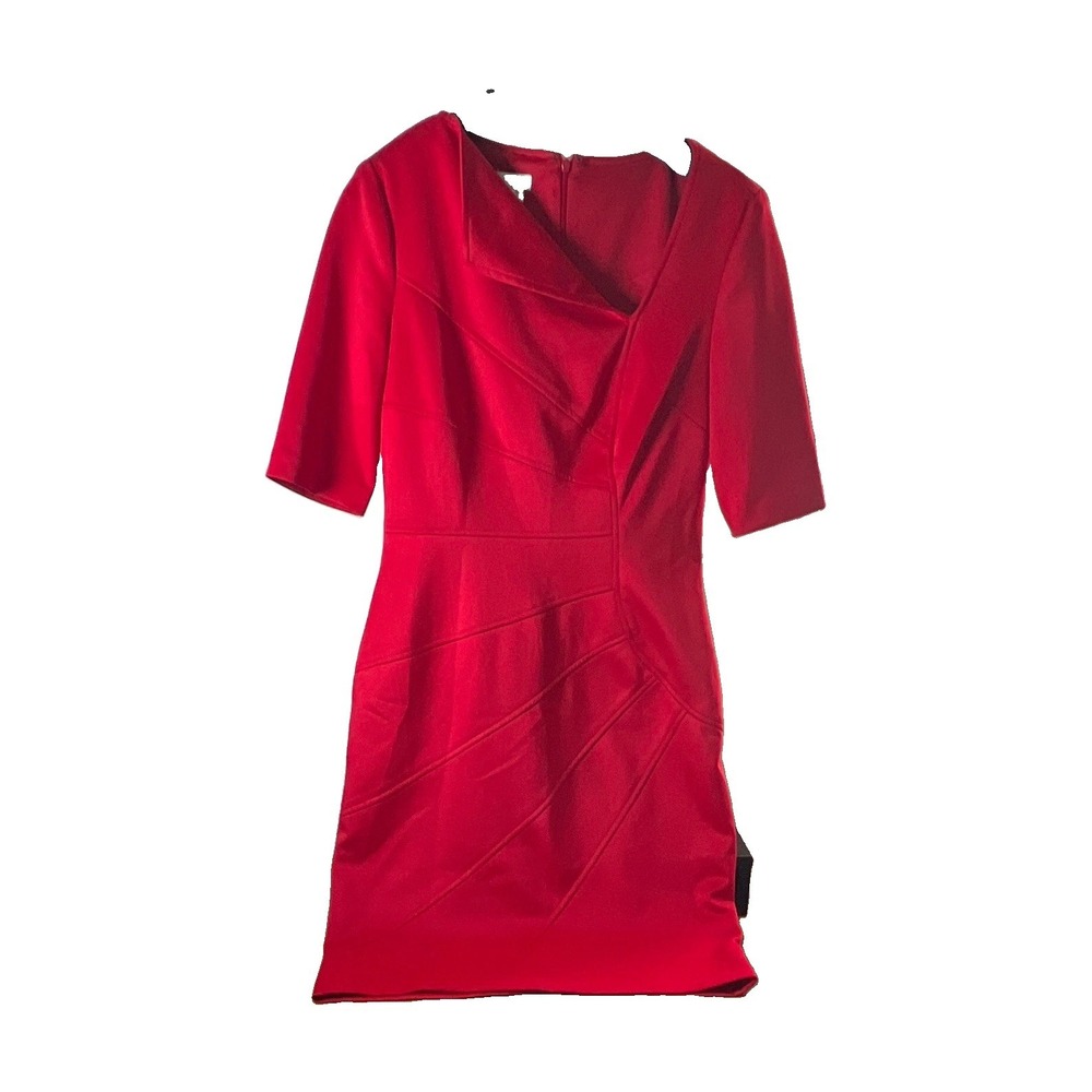 London Times Red Solid Sheath Dress V-Neck 3/4 Sleeve Knee Length Zip Size 8